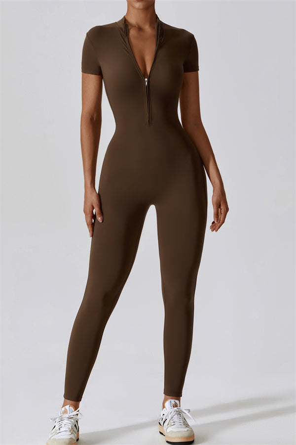 Fitglutes Activewear Mia Belle jumpsuit shown on a model, featuring a sleek, fitted design ideal for gym and workout sessions.