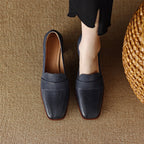 Women's sheepskin square toe chunky heel pumps by Plush Fashion Hub, retro high heel dress shoes with a stylish design.