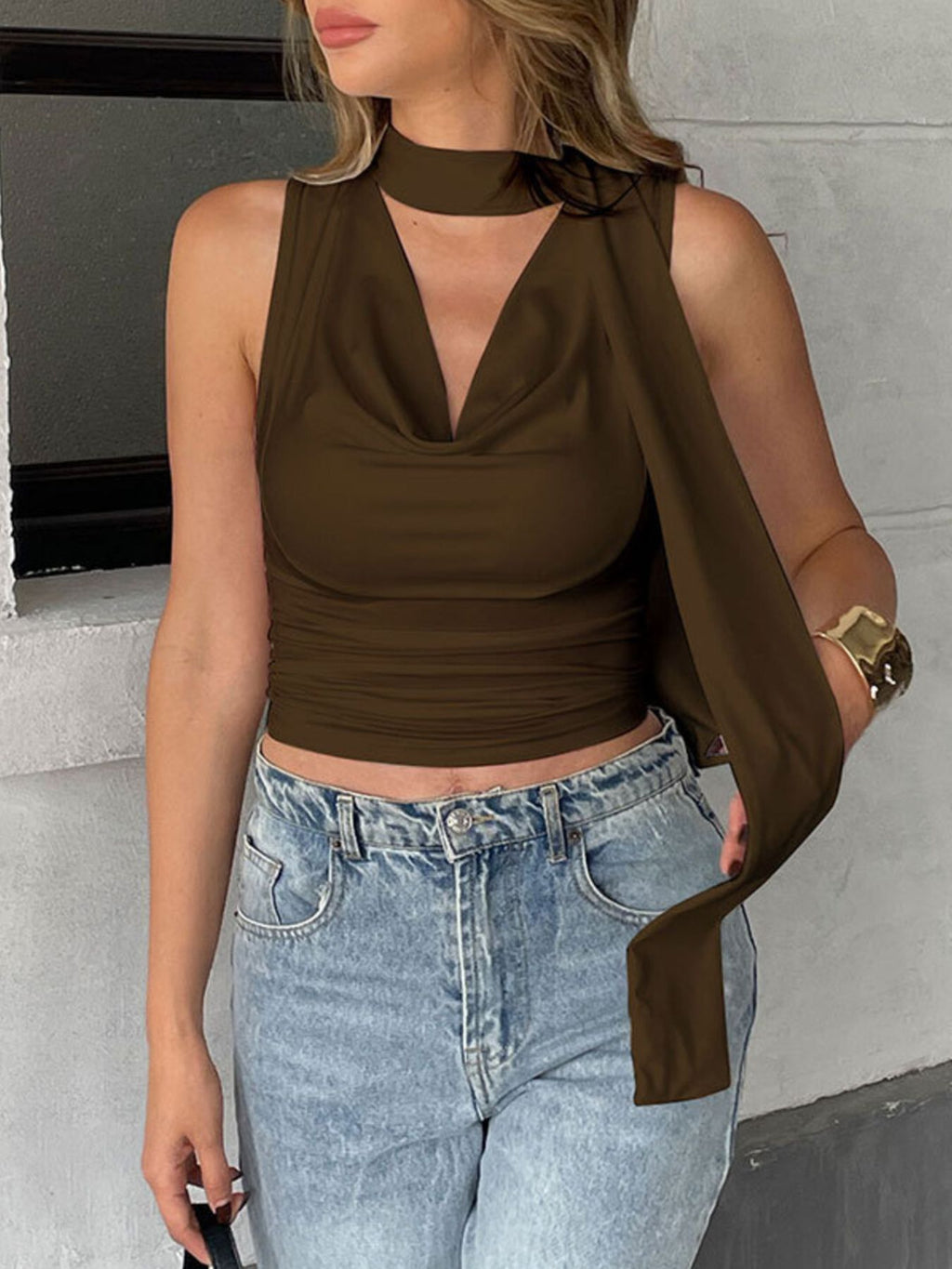 Elegant satin-feel cowl neck sleeveless blouse with ruched details, versatile camisole top by Trendsi, shown in a stylish fit.