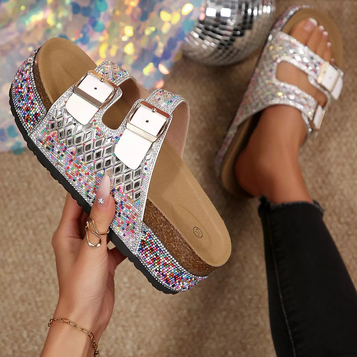 Rhinestone double buckle sandals by Shopimist featuring sparkling rhinestones and stylish double straps on a neutral background.