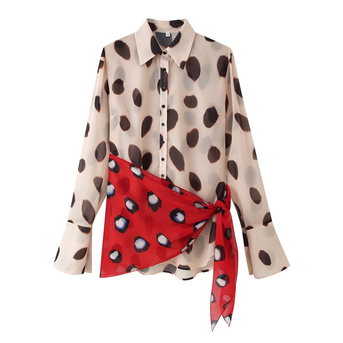 Beige and red spotted sheer blouse with a collar, long sleeves, and a draped side tie.