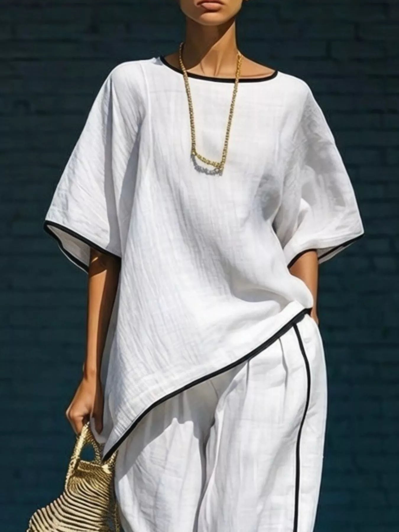 Contrast trim round neck top and matching pants set by Plush Fashion Hub, stylish and comfortable loungewear for women.