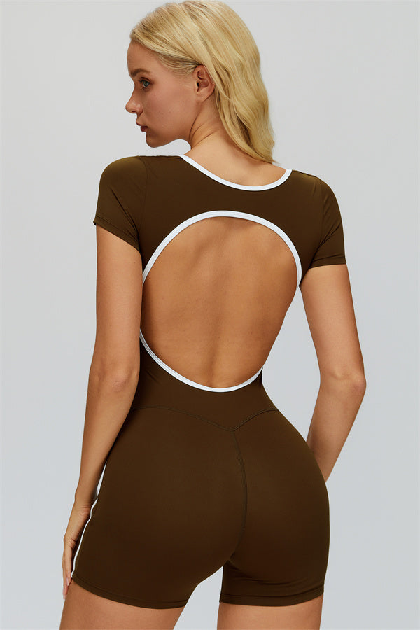 Fitglutes Activewear The Whisper Romper jumpsuit in sleek black, featuring a fitted workout design and breathable fabric.