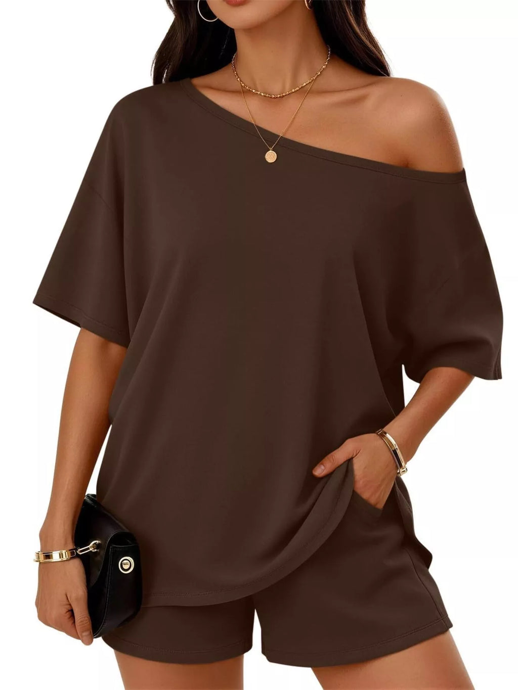 Plus size one-shoulder top and shorts set by Plush Fashion Hub, featuring a stylish, full-size casual outfit.