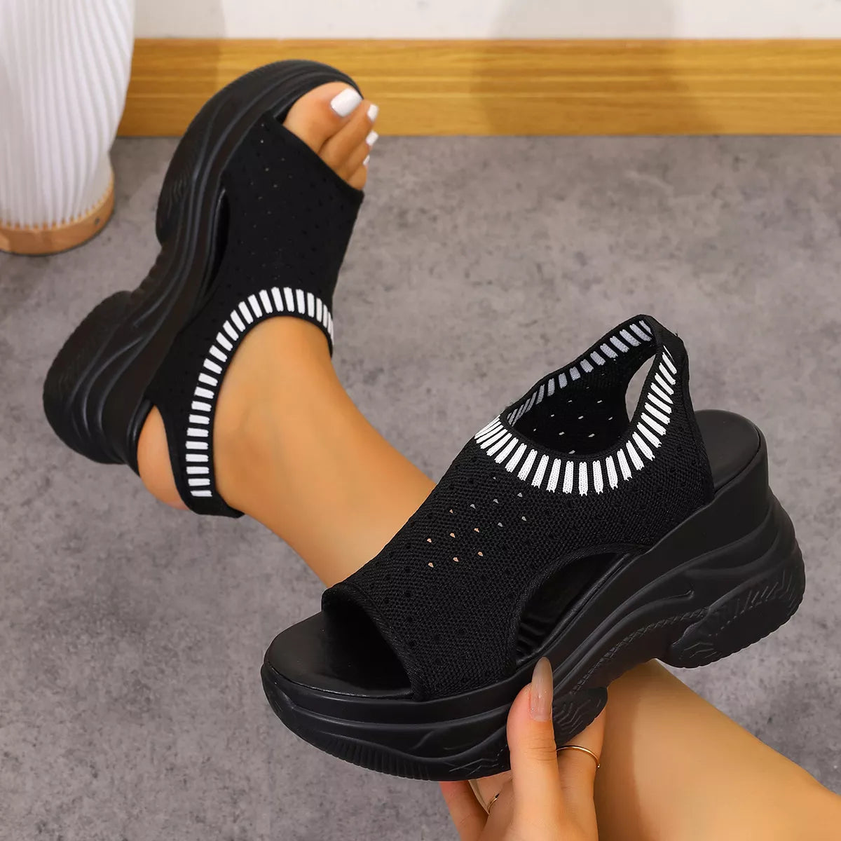 Women's breathable mesh platform wedge sandals by Plush Fashion Hub, featuring lightweight summer design and stylish heel detail.
