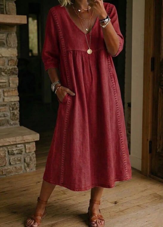 Women's V-neck casual dress by Plush Fashion Hub with lace trim and loose fit, available in seven colors.