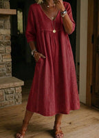 Women's V-neck casual dress by Plush Fashion Hub with lace trim and loose fit, available in seven colors.