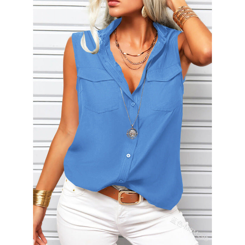 Women's sleeveless top with lapel collar, loose fit, solid color, and front pockets, by Plush Fashion Hub.