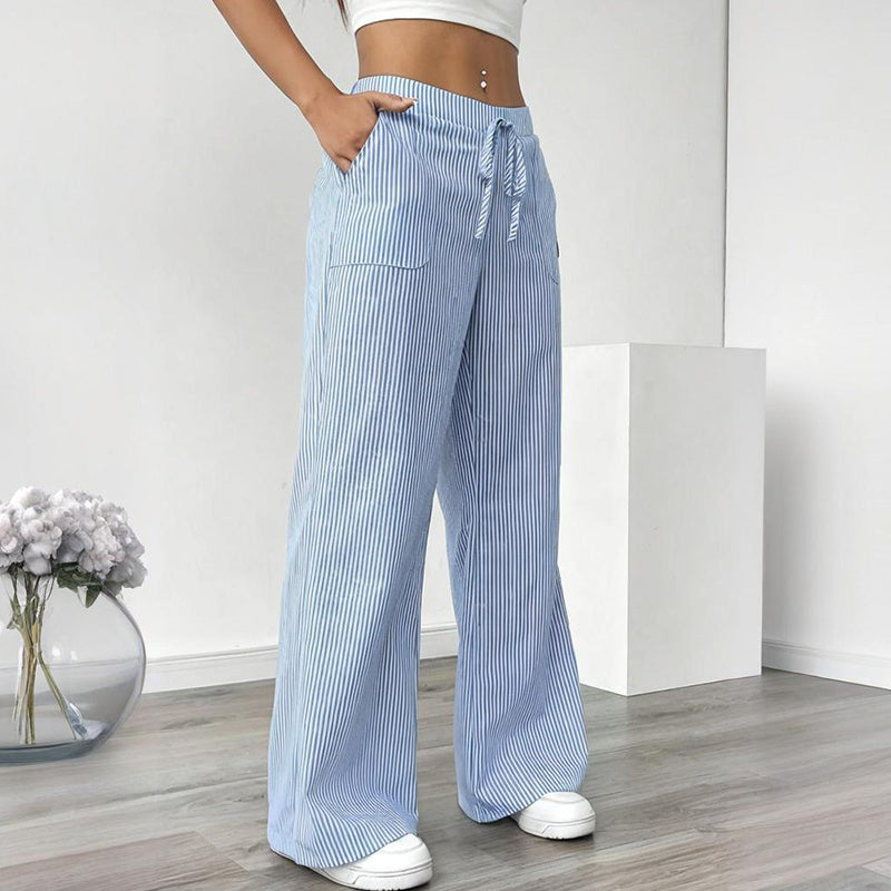 Women's striped print wide-leg casual pants with pockets, straight fit, and long style by FitiqueFit, perfect for comfortable everyday wear.