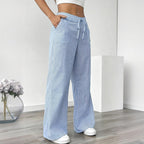 Women's striped print wide-leg casual pants with pockets, straight fit, and long style by FitiqueFit, perfect for comfortable everyday wear.