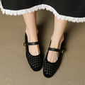 Women's plush sheepskin Mary Jane shoes by Plush Fashion Hub with single strap, round toe, flat leather footwear.