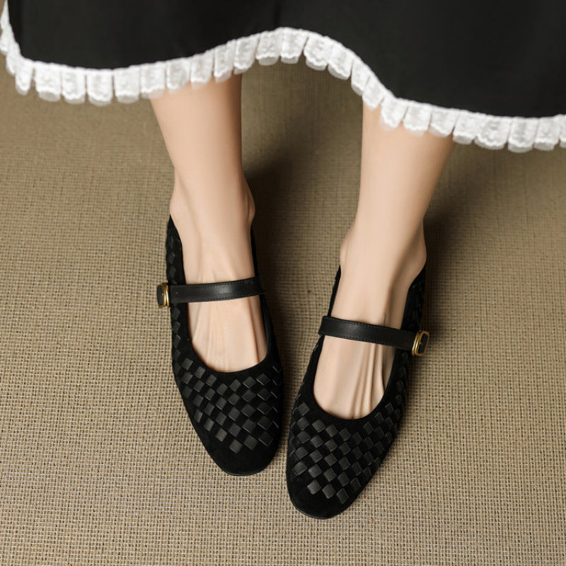 Women's plush sheepskin Mary Jane shoes by Plush Fashion Hub with single strap, round toe, flat leather footwear.