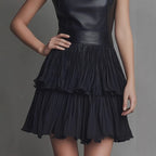 Black PU Leather Spliced Mini Dress – Sleeveless Double-Layer Ruffle Hem