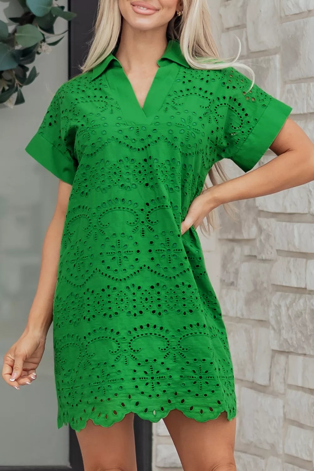 Plush Fashion Hub eyelet-collared short sleeve dress with a fitted silhouette and stylish design, perfect for casual wear.