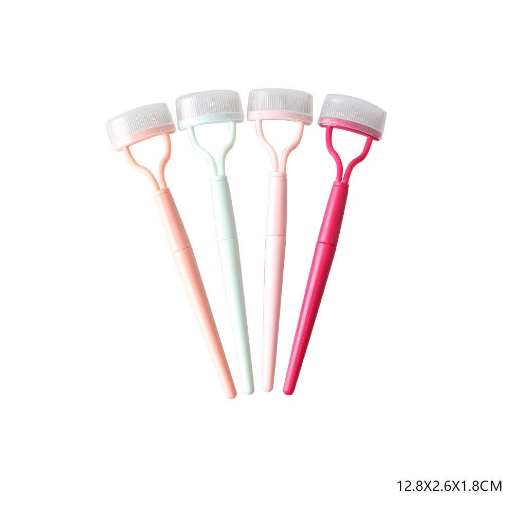 Four plastic eyelash brush tools in peach, mint green, baby pink, and magenta, with clear protective caps.