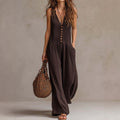 Women’s loose V-neck sleeveless wide-leg jumpsuit from Plush Fashion Hub, casualwear in soft fabric, shown on a model.