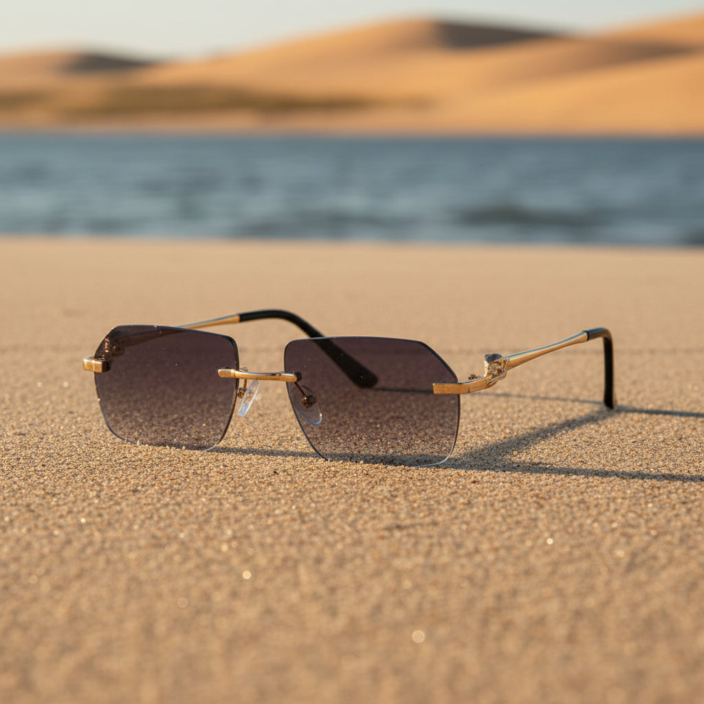 Gold frame cheetah rimless sunglasses with sleek design, stylish eye wear by Plush Fashion Hub in hip-hop fashion style.