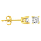 14K yellow gold princess-cut diamond stud earrings with near colorless I-J color and I2-I3 clarity, classic 4-prong setting.
