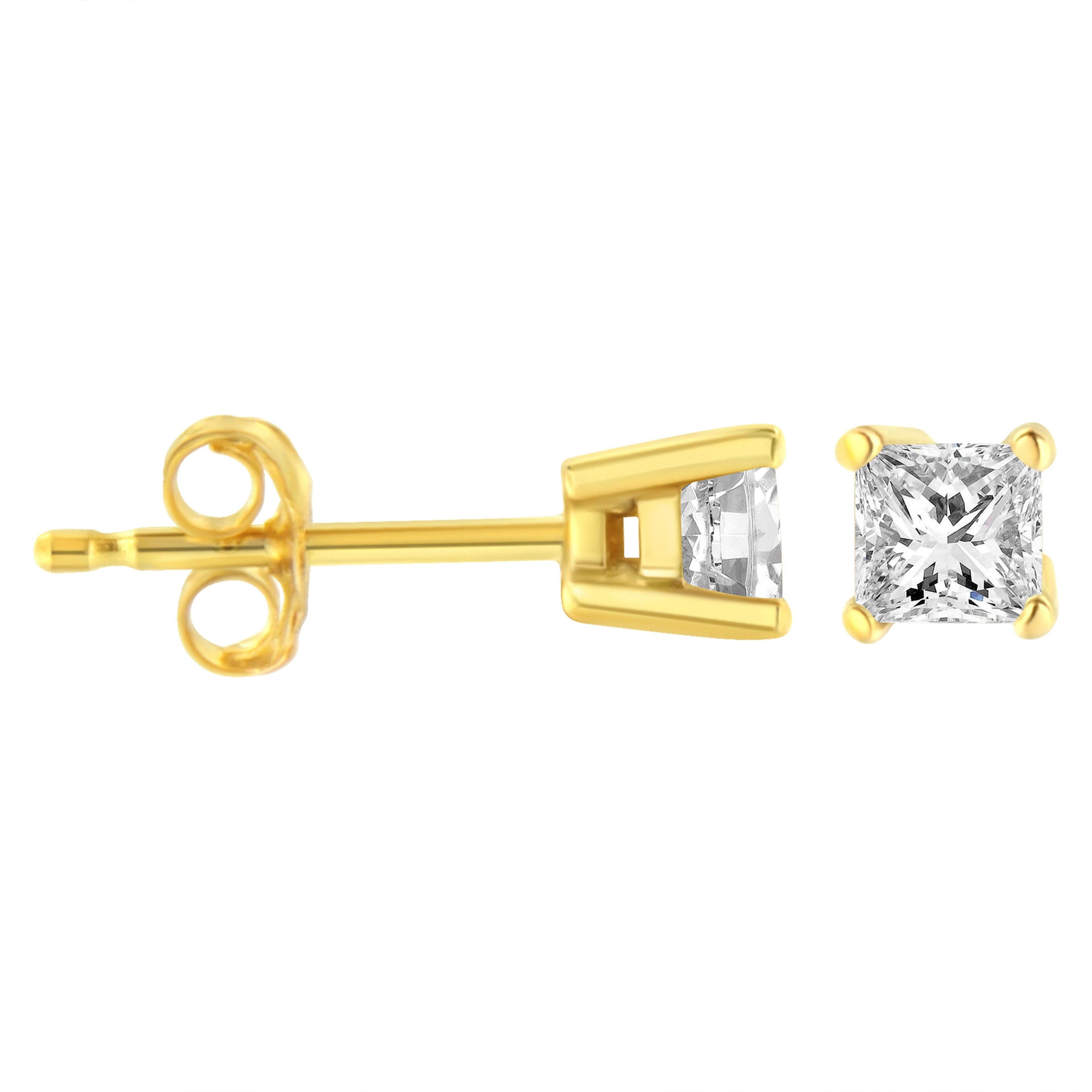 14K yellow gold princess-cut diamond stud earrings with near colorless I-J color and I2-I3 clarity, classic 4-prong setting.