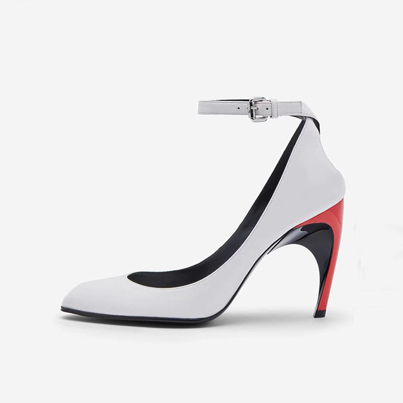 Plush Fashion Hub modern colorblock pointed-toe stiletto heels with buckle detail, stylish women's footwear.