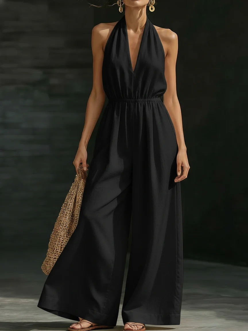V-neck halter neck jumpsuit for women by Plush Fashion Hub, featuring a stylish design and fitted silhouette.