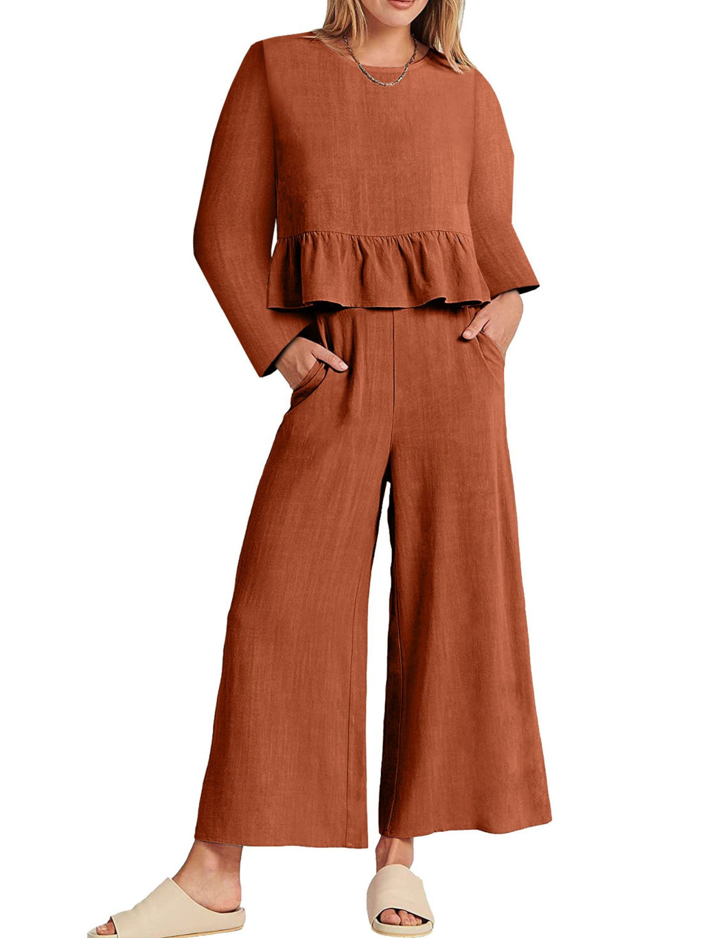 Women's ruffled hem long sleeve top and pants lounge set with pockets, trendy 2-piece set by Trendsi, comfortable and stylish.