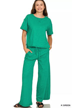 Women's cotton slub short sleeve tee and pants loungewear set, comfortable trendy lounge outfit, soft fabric, casual home wear.
