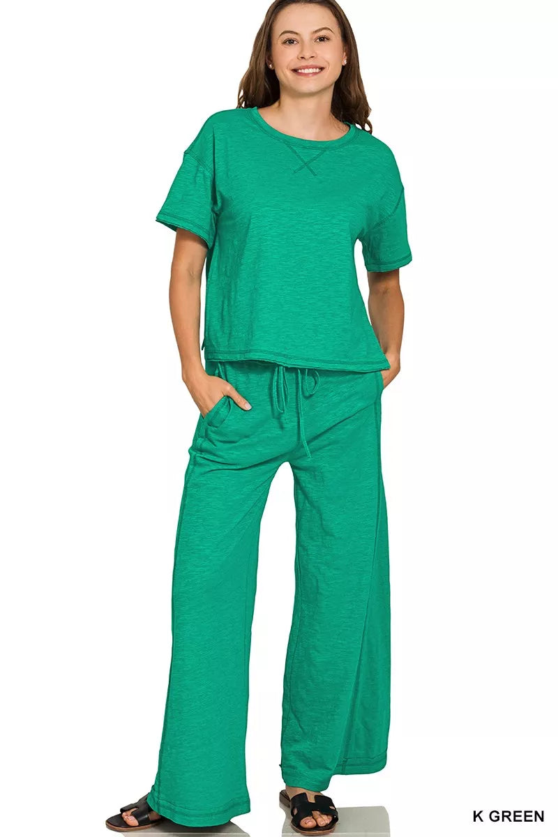 Women's cotton slub short sleeve tee and pants loungewear set, comfortable trendy lounge outfit, soft fabric, casual home wear.