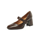 Women's sheepskin Mary Jane heels with square toe, chunky heel, and buckle strap, featuring plush fashion hub footwear design.
