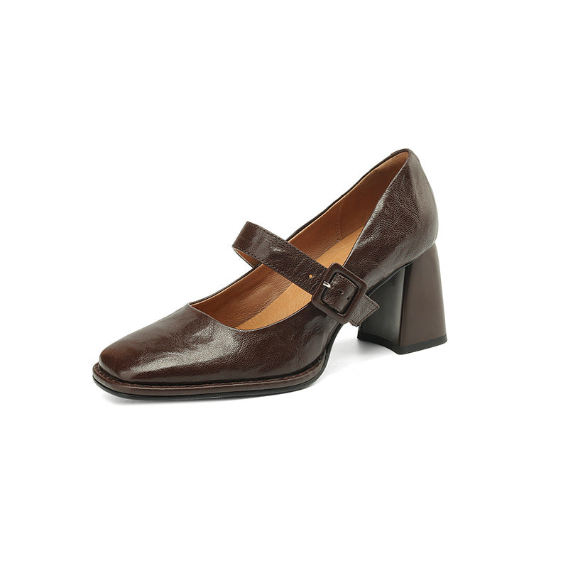 Women's sheepskin Mary Jane heels with square toe, chunky heel, and buckle strap, featuring plush fashion hub footwear design.