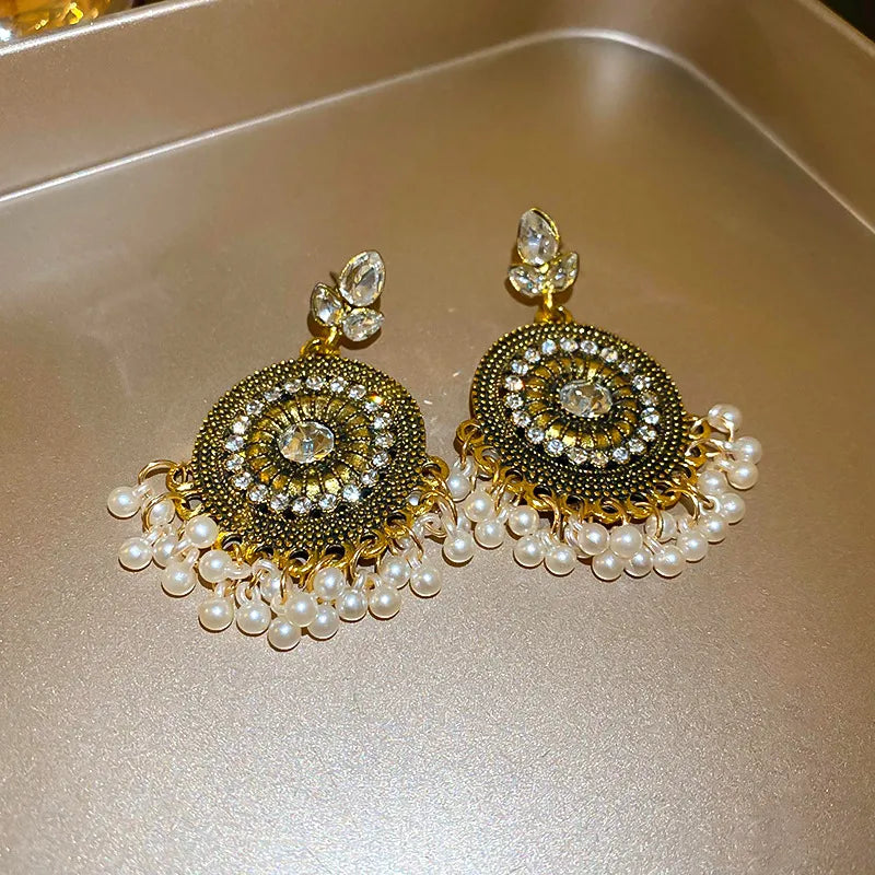 Rhinestone alloy bead dangle earrings with sparkling stones and silver-tone chain, stylish jewelry from Plush Fashion Hub