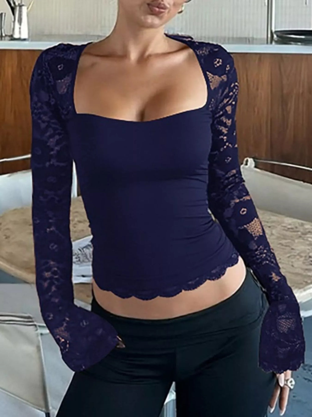 Sheer lace sleeve square neck T-shirt by Shopimist featuring semi-transparent lace sleeves and a stylish square neckline.