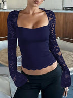 Sheer lace sleeve square neck T-shirt by Shopimist featuring semi-transparent lace sleeves and a stylish square neckline.