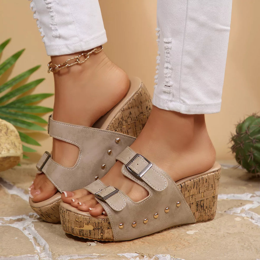 Open toe wedge sandals by Shopimist featuring a natural cork heel and beige straps, perfect for summer wear.