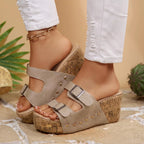 Open toe wedge sandals by Shopimist featuring a natural cork heel and beige straps, perfect for summer wear.