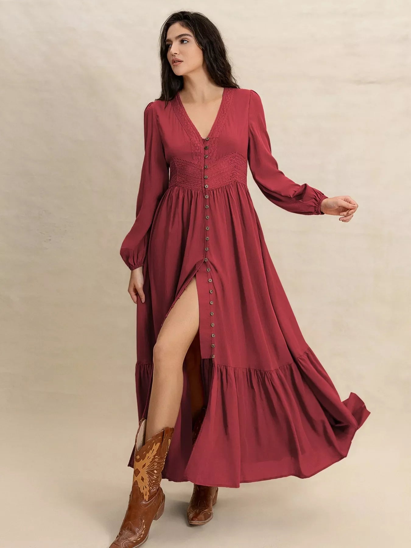 Plush Fashion Hub plus size maxi dress with V-neck, balloon sleeves, and a flowing silhouette, perfect for stylish comfort.