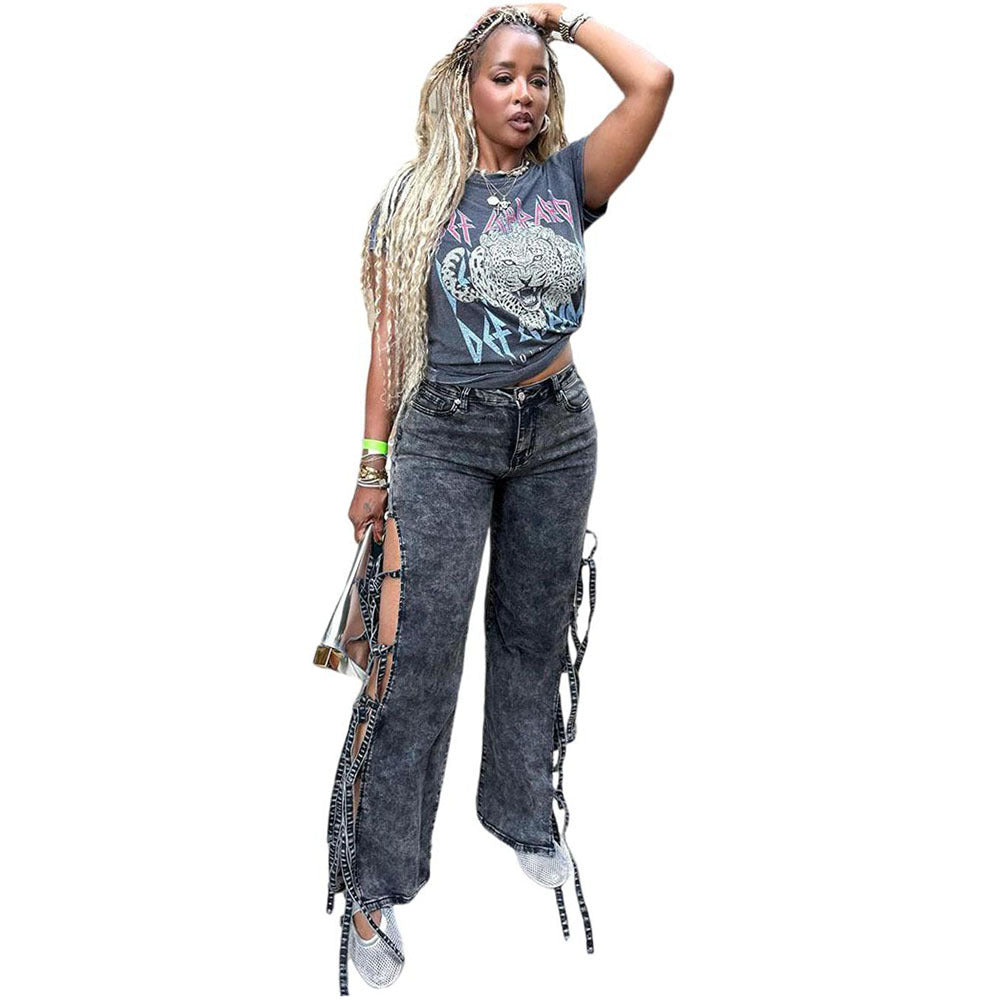 Western-style Women's Jeans, Washed with Slit and Tie String Detail, High Waist Long Pants