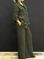 Plus size long sleeve shirt and pants set by Shopimist, featuring a comfortable, full-length matching clothing ensemble.