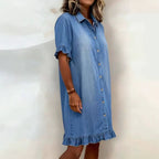 Women's faux denim ruffle-sleeve shirt dress from Plush Fashion Hub, casualwear with a stylish ruffle sleeve design.