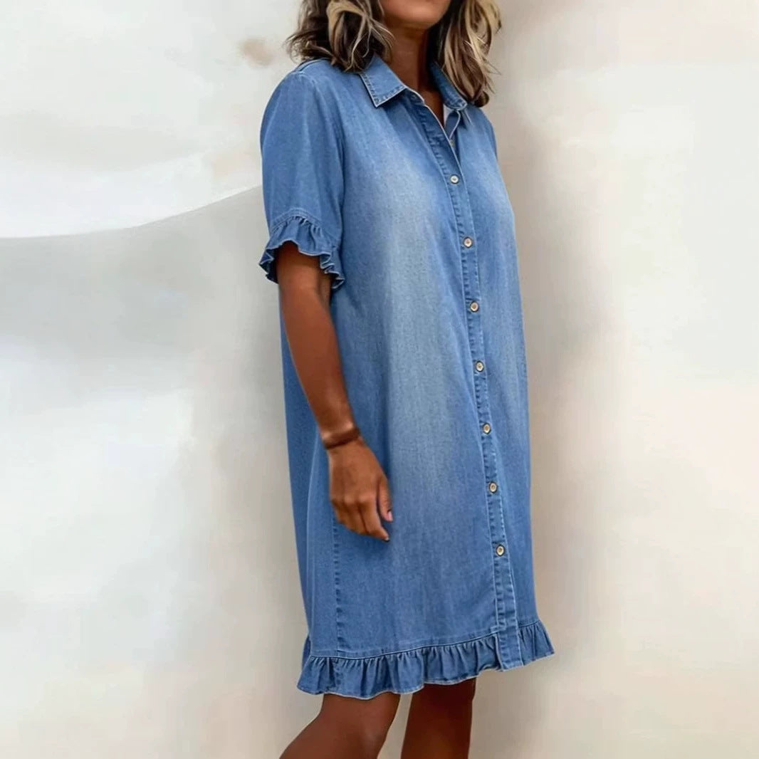 Women's faux denim ruffle-sleeve shirt dress from Plush Fashion Hub, casualwear with a stylish ruffle sleeve design.