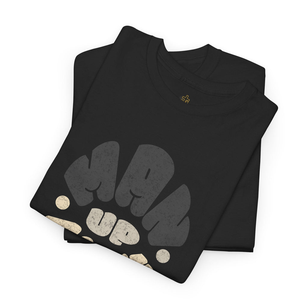 Men's black faith T-shirt featuring Colossians 3:2 inspired design from Wear Your Worship, casual streetwear style.