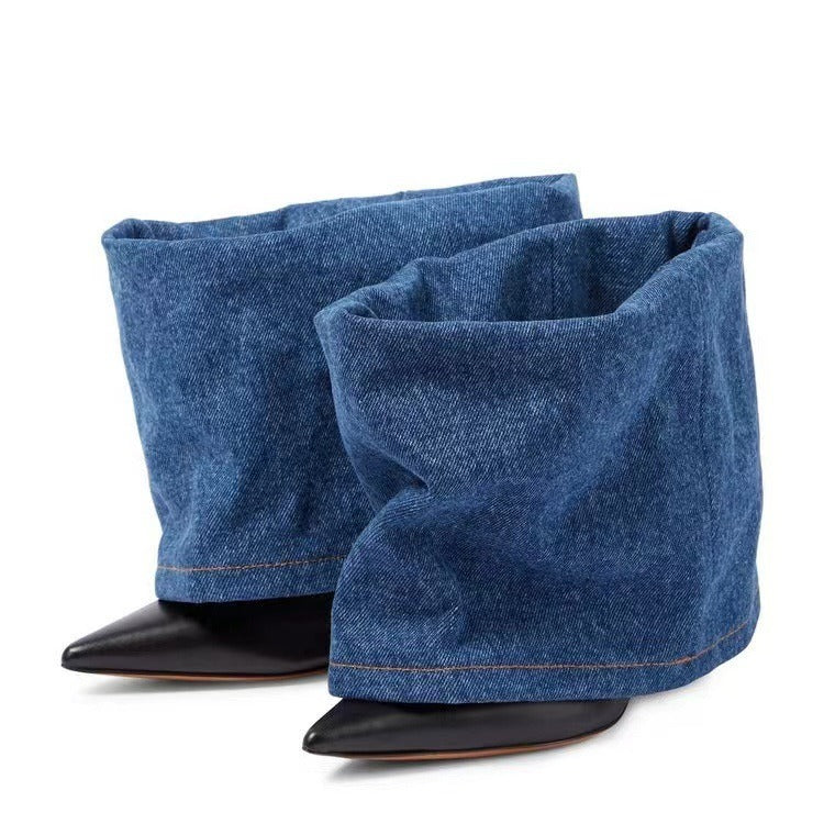 Eprolo denim color block pointed toe heeled boots with stylish design and stiletto heel, showcasing the front view and vibrant color contrast.