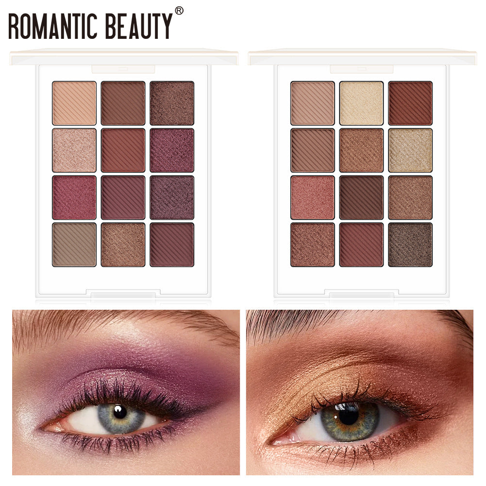 Two 12-pan eyeshadow palettes in white cases, featuring neutral, plum, and bronze matte and shimmer shades.