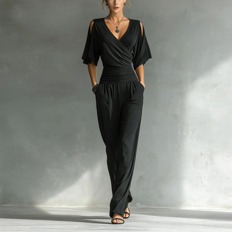 Women's V-neck slim fit straight leg jumpsuit by Plush Fashion Hub, shown in a stylish, fitted design with a V-neck neckline.
