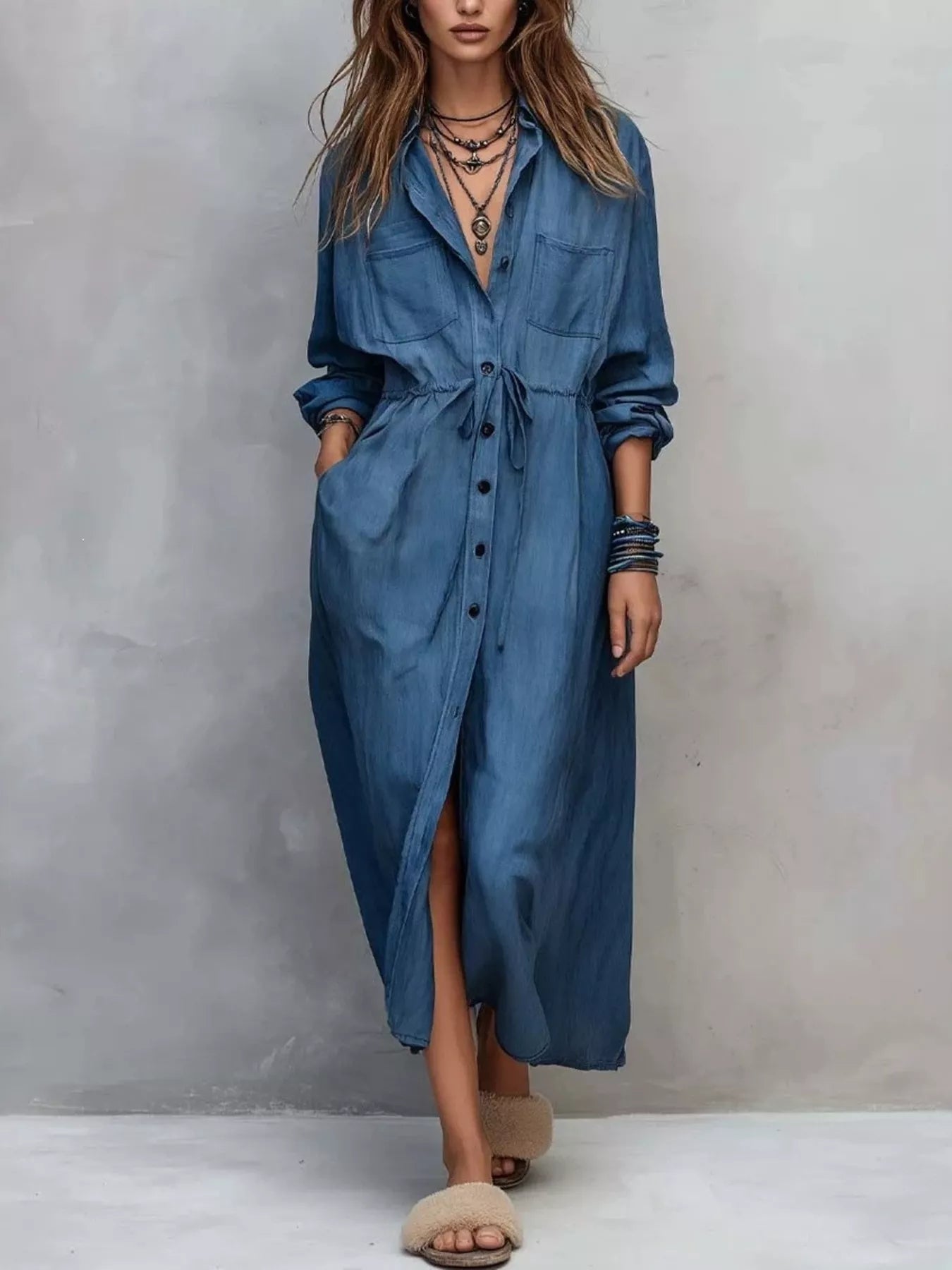 Plus size long sleeve button-front shirt dress by Trendsi, featuring a casual fit and classic collar, perfect for everyday wear.