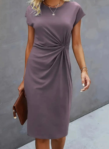 FitiqueFit front knot bodycon midi dress with round neck, sleeveless tie detail, form-fitting design, perfect for stylish occasions.