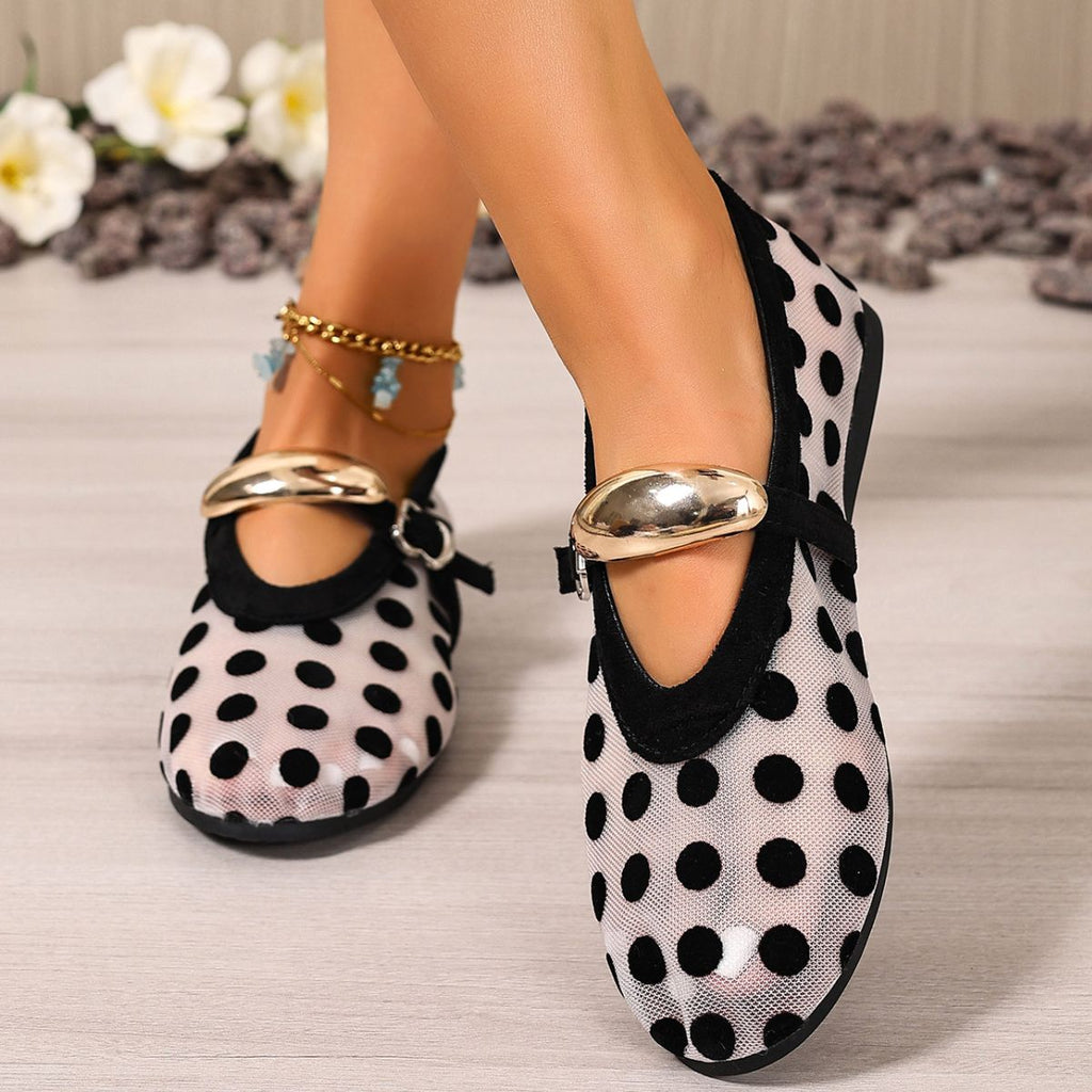 Women's polka dot mesh slip-on flats by Trendsi, lightweight casual shoes with breathable mesh and comfortable design for walking.