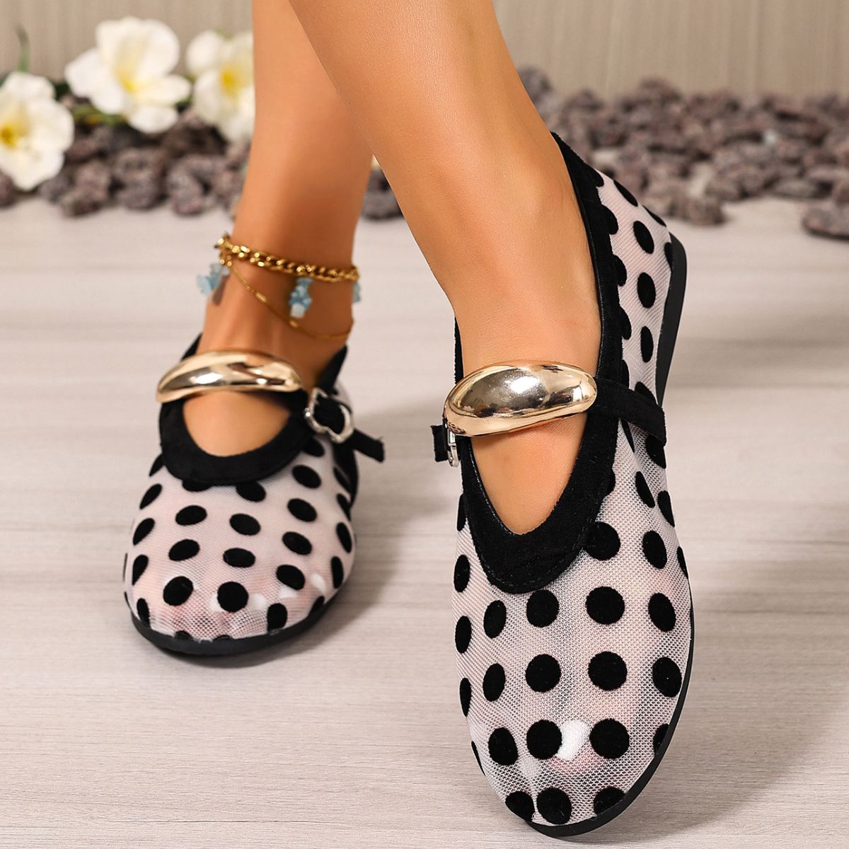Women's polka dot mesh slip-on flats by Trendsi, lightweight casual shoes with breathable mesh and comfortable design for walking.