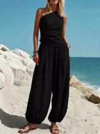 Plus size one-shoulder top and wide leg pants set by Plush Fashion Hub, featuring a stylish, coordinated piece pants set.
