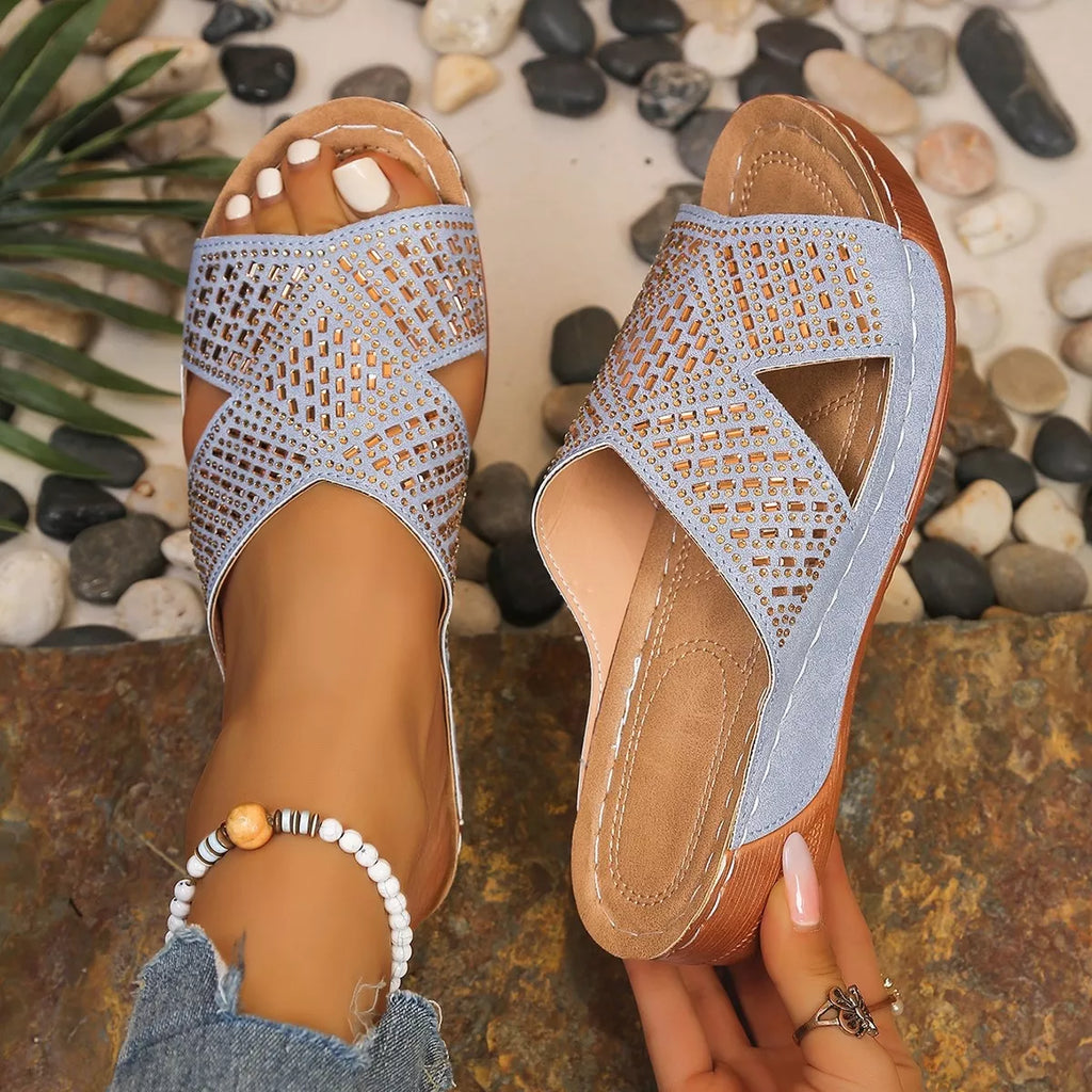 Women's rhinestone open toe wedge sandals with mid-heel comfort and sparkling embellishments, from Trendsi.